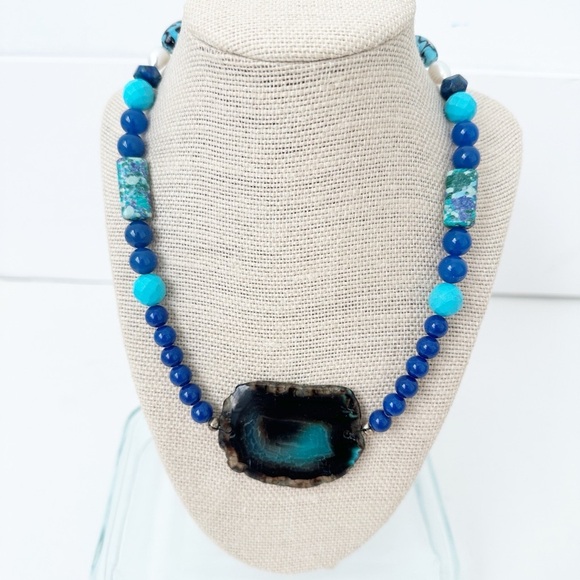 NWT Genuine Lapis Lazuli, Agate, Pearls & Glass Beads Necklace Blue White